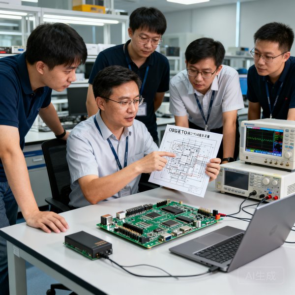 OB视讯CTO陈工在研发实验室内与团队成员讨论新一代录播主板的电路设计方案