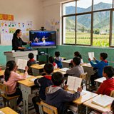云南省怒江州兰坪县某乡村小学李老师正在使用OB视讯专递课堂设备为三年级学生上音乐课